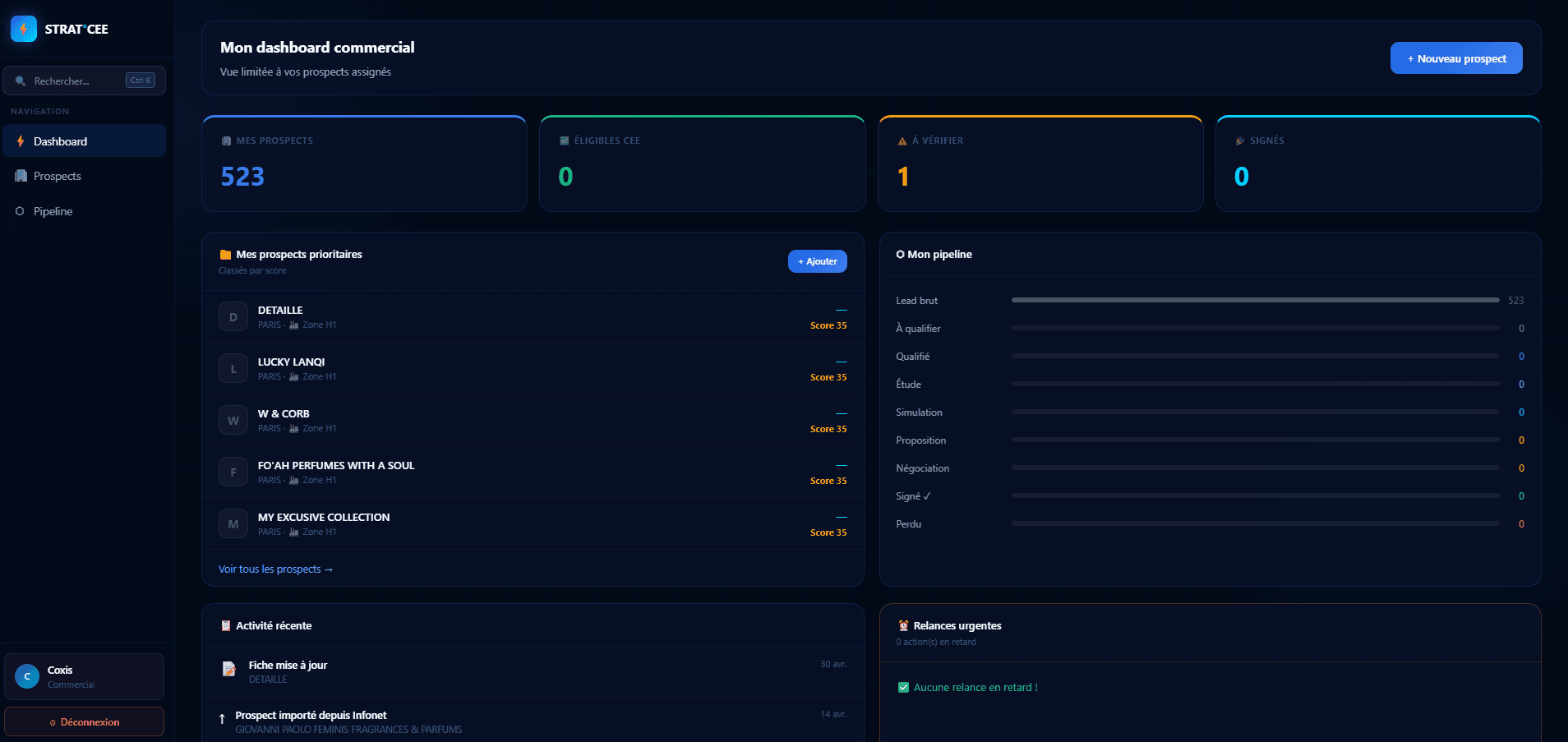 Aperçu du projet STRAT°CEE — CRM sur-mesure — Application web réalisé par Corentin Coursan